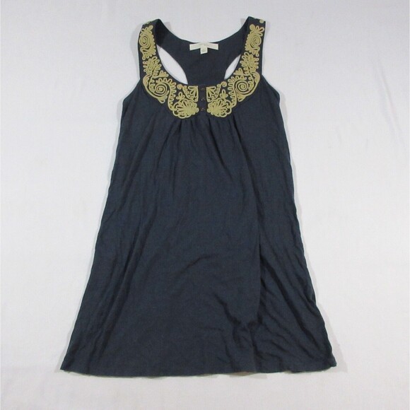 Feather Bone Anthropologie Navy Gold Embroidered Sleeveless Tank Top Blouse Sz M - Picture 1 of 9